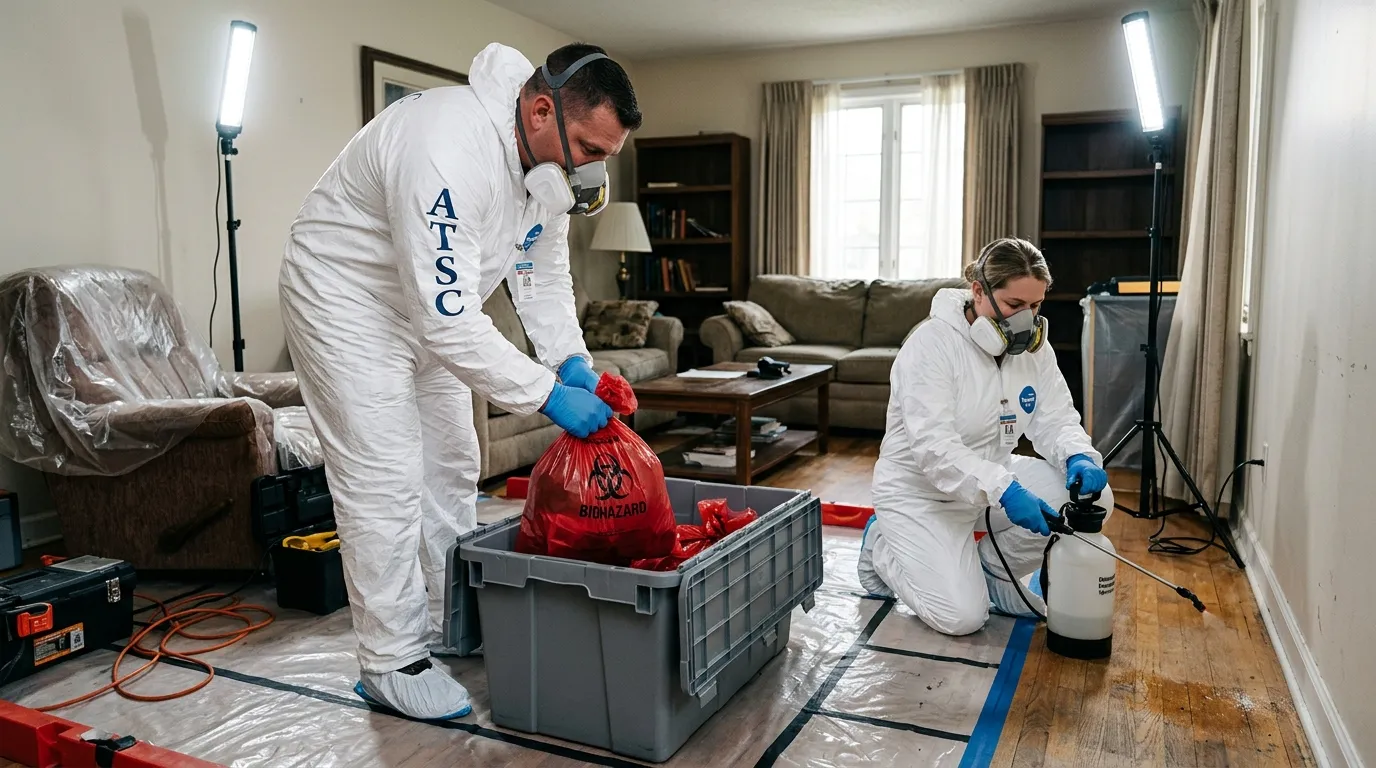 Professional Biohazard Cleanup technician in full PPE working in O'Fallon